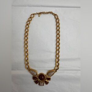 Gold-Tone Necklace with Red and Cream Gem Accents